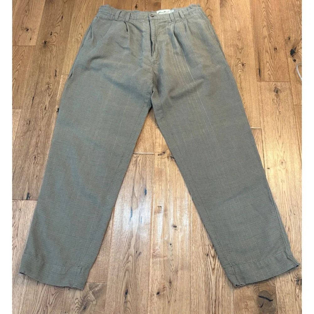 Vintage Eddie Bauer Men's 36x32 Linen Cotton Pleated Pants Brown Gray Check Y2K